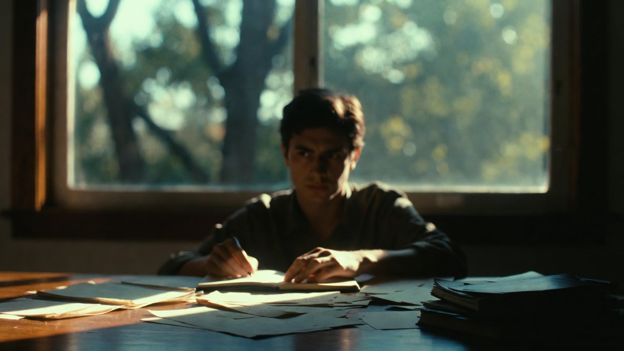 writer at wooden desk with sunlight and open notebook
