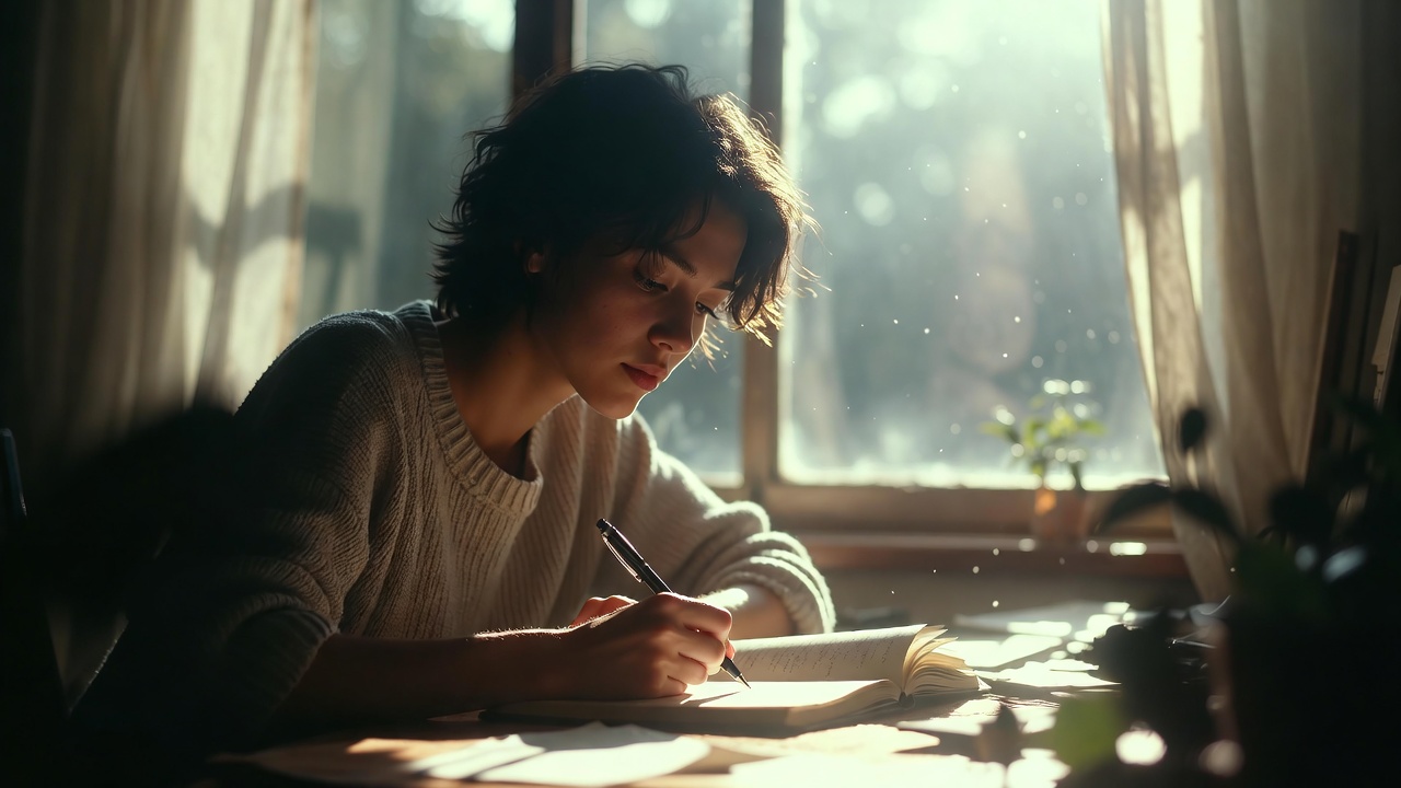 person writing by a window with morning sunlight and calm atmosphere